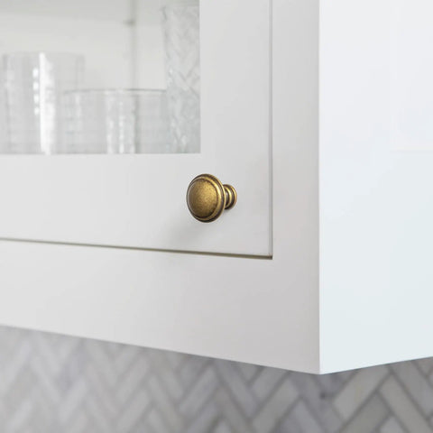 Six Pack Antique Brass Cabinet Knobs With Layered Edge Detailing Classic Round Drawer Pulls For Kitchen And Vintage Home Decor Farmhouse Chic Hardware To Level Up Any Dresser Or Cabinet on white cabinet in kitchen.
