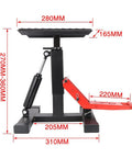 Hydraulic Motorcycle Lift Stand with Adjustable Deck Height 9.92 to 18.11 inches, shown from side, 150 kg capacity, 11 inch top plate.