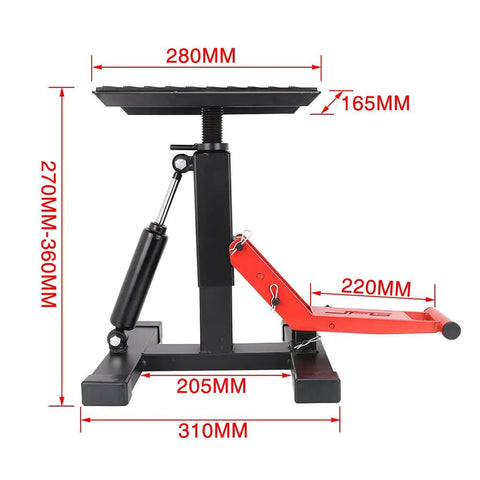Hydraulic Motorcycle Lift Stand with Adjustable Deck Height 9.92 to 18.11 inches, shown from side, 150 kg capacity, 11 inch top plate.