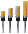 4 Pc Pattern Flush Trim Router Bit Set With 1/4 Inch Shank And Heavy Duty Carbide Woodworking Bits viewed from the front.