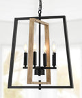 Geometric black metal and wood chandelier featuring dimmable lights, perfect for kitchen island, living room modern industrial style.