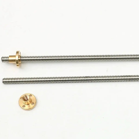 T8 Heavy Duty Lead Screw With Copper Nut For 3D Printers In Stainless Steel 8mm Thread 1mm Pitch 1mm Lead Lengths From 80mm To 500mm Drop In For Linear Motion Linear Guides And Motor Screw Applications, shown with copper nut and stainless screw
