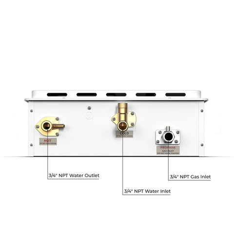 Heavy Duty Outdoor Natural Gas Tankless Water Heater Serving Up 7.0 Gpm Of Rock Solid Hot Water With 180000 Btu rear connections view photo.