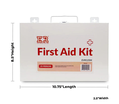 Front view of 107 Piece First Aid Kit For 25 People With Metal Case, OSHA Compliant Emergency Supply Set with visible dimensions
