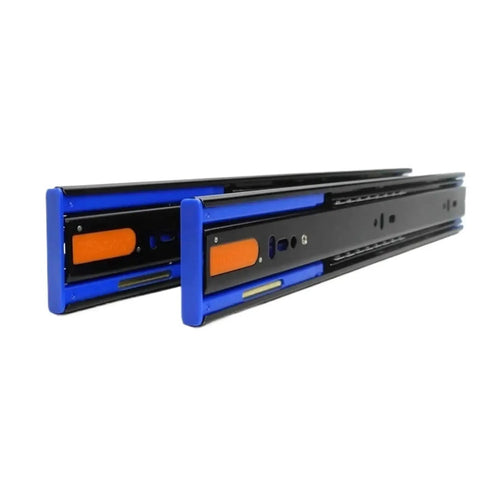Close-up of full extension drawer slides 12 inch 35CM extra thick three section hydraulic soft close rails with detachable quick release latches.