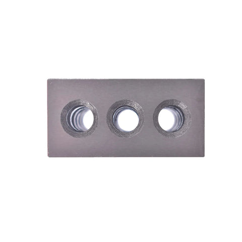 Front view of a rectangular hardened steel machinist setup plate with three threaded holes