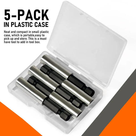 Strong Magnetic Extension Bit Holder One Quarter Inch Five Pack Hex Shank Screwdriver Bit Driver Set With Portable Case Magnetic Bits Holder For Holding Bits And Screws Quick Pick Up So Screws Do Not Drop
