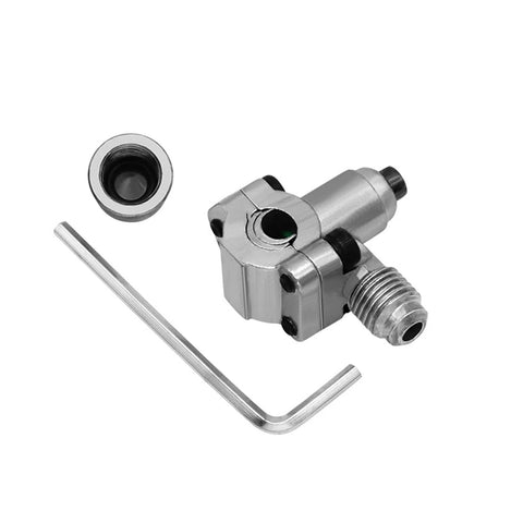 Refrigeration needle valve kit with wrench, silver metal body and threaded fitting (front view)