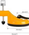 Side view of Go-To Adjustable Height Setter With Heavy Duty Vacuum Suction Cups For Precise Countertop And Floor Leveling, tool with dimensions in yellow.