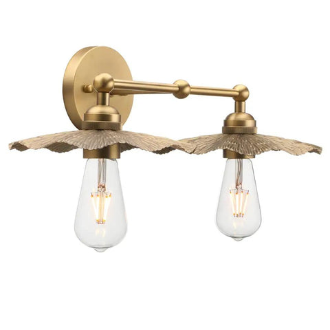 Two-Head Brass Wall Sconce Light With Flower Design Vintage Mid Century Style Vanity Lamp for Bathroom and Kitchen