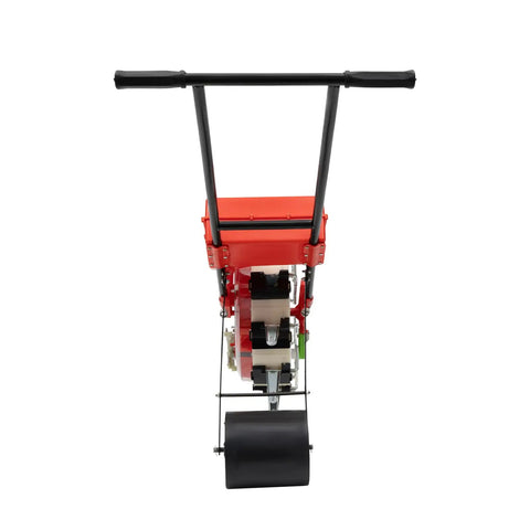 Front view of Manual Hand Push Garden Seeder Walk Behind Row Crop Planter With 10 Nozzles For Precise Sowing Roller Seeding
