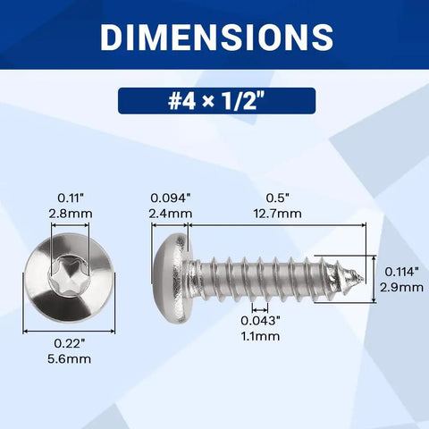Dimensions of 200 Pack Size 4 X 1/2 Inch Torx T10 Pan Head Self Tapping Sheet Metal Screws crafted from 304 stainless steel.