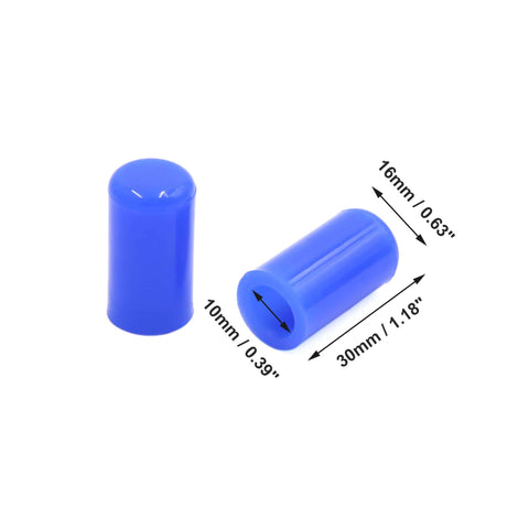 Two blue Five Pack Silicone Blanking Caps for Vacuum Hose Ends, 10mm Inner Diameter, Three Eighth Inch shown with measurements.