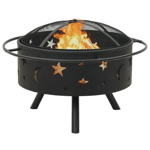 Outdoor Wood Burning Fire Pit For Patio And Garden, Portable Bonfire Pit With Tripod Stand, star and moon cutouts, flame inside