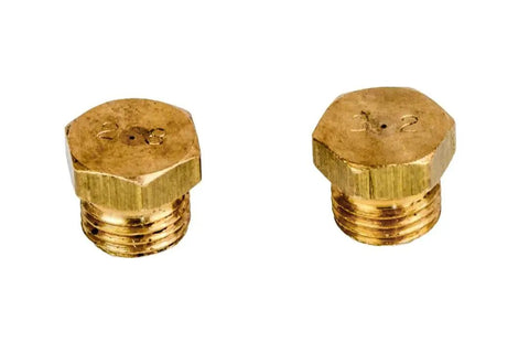 X2 Multifuel Burner Part Kit brass jet nipples 0.28mm and 0.32mm for camping stoves, side view, gold color