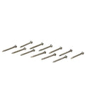 Premium Carbon Steel Floor Screws Silver 1.25 Inch 13 Gauge Nails For Aluminum Transition Strips, pack of ten screws laid out.
