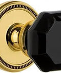 Soleil Rosette With Lyon Knob Privacy Door Lock Set Backset 2.375 Polished Brass Solid Forged Brass Construction Pre Attached Knobs