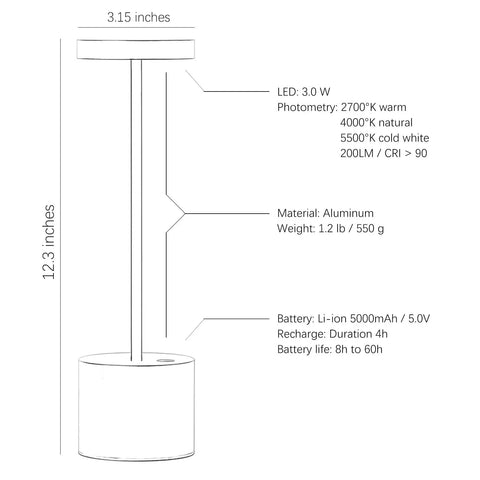 Diagram of Rechargeable Cordless LED Table Lamp With Stepless Dimming And Three Lighting Modes, 12 Inch Battery Powered Desk Light