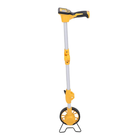 Tbest Digital Display Measuring Wheel 93cm Length standing upright with a yellow and gray design, designed for accurate measurements.