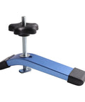 Get Your Setup Locked Down With This 2 Pack T Slot Clamp Set Featuring M8 Slide Track System Anodized Aluminum Lever Handle Design close-up of blue clamp with black knob.