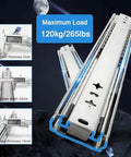 Heavy Duty Drawer Slides Featuring Full Extension Locking Runners With Bulletproof Ball Bearing Tracks and Zero Fuss Side Mount Rails for Smooth Daily Grind and Serious Tool Storage Builds, showcasing load capacity and dimensions.