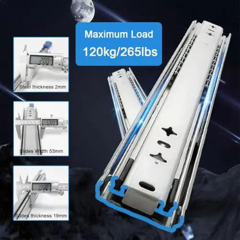 Heavy Duty Drawer Slides Featuring Full Extension Locking Runners With Bulletproof Ball Bearing Tracks and Zero Fuss Side Mount Rails for Smooth Daily Grind and Serious Tool Storage Builds, showcasing load capacity and dimensions.