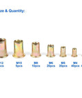Heavy Duty Carbon Steel Rivet Nut Insert Kit With M3 To M10 Sizes And Open End Tool For Steel Plastic Fiberglass Flat Head Threaded Fasteners You Need, M3 M4 M5 M6 M8 M10 sizes shown