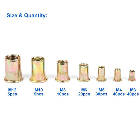 Heavy Duty Carbon Steel Rivet Nut Insert Kit With M3 To M10 Sizes And Open End Tool For Steel Plastic Fiberglass Flat Head Threaded Fasteners You Need, M3 M4 M5 M6 M8 M10 sizes shown
