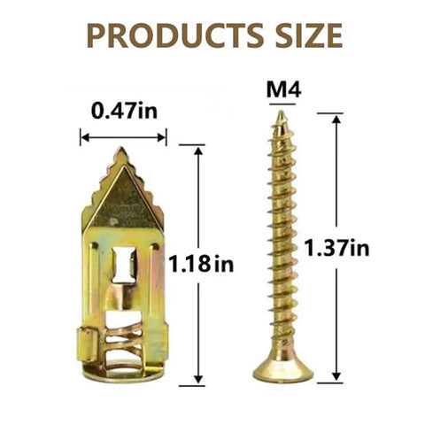 Drill Free Self Drilling Drywall Anchors And Screws Kit For Picture Frames Shelves Mirrors And Light Fixtures 100 Pieces Galvanized Carbon Steel Heavy Duty Wall Fasteners No Pre Drill, 1.18in anchor and 1.37in M4 screw size