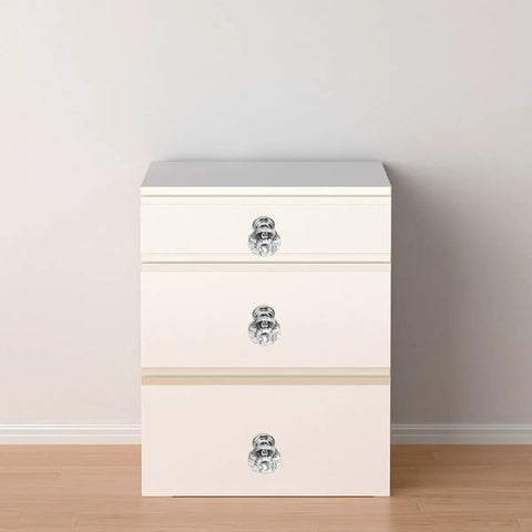 White dresser with Crystal Acrylic Cabinet Knobs With Silver Base, 10 Pack Modern Drawer Pulls For Home Decor And Kitchen Storage.