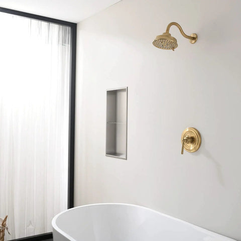 Luxurious bathroom with Boss Brushed Gold Shower Faucet Valve Kit for wall mounted fixtures, featuring modern tub and faucet in European style.