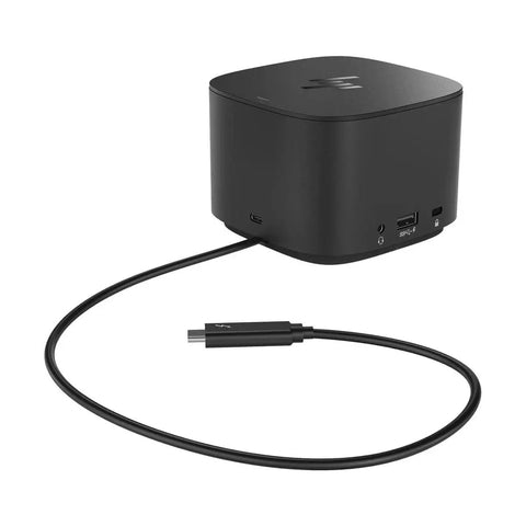 Level Up Your Workspace With This Slick Thunderbolt Dock 230W, compact black hub showing USB and Thunderbolt ports, connected with cable.