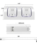 Dual Remote Charger Dock With Built In 2800mAh Batteries For Game Consoles And Smart TVs, white charging dock dimensions and USB cable.