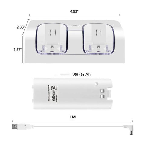 Dimensions of the 4 In 1 Remote Charging Dock With Built In 2800mAh Batteries, Dual Controller Charger Stand in white, USB cable