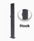Beefy EV Charger Holder Stand with hook detail, black cold rolled steel for EV cord management, free standing design.