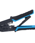 Ratcheting Crimping Tool For 8P And 6P Heads With Protective Device, durable blue-black alloy steel build, ergonomic handle.