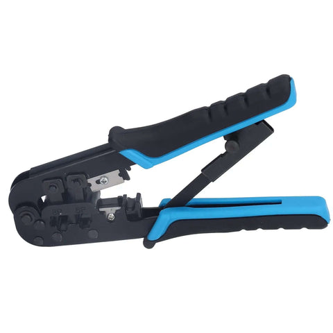 Ratcheting Crimping Tool For 8P And 6P Heads With Protective Device, durable blue-black alloy steel build, ergonomic handle.