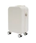 20 Inch Carry On Suitcase With Built In Cup Holder And Usb Charging Port Hardshell Travel Bag side view white with spinner wheels
