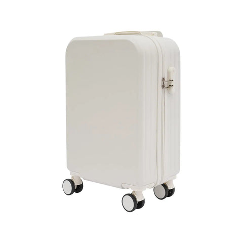 20 Inch Carry On Suitcase With Built In Cup Holder And Usb Charging Port Hardshell Travel Bag side view white with spinner wheels