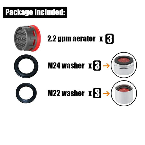 Package contents for Standard Size Bathroom Faucet Aerators 3 Pack 2.2 Gpm Water Saving Restrictor Inserts including washers.