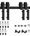 8.2Ft Bypass Sliding Barn Door Hardware Kit For Double Doors With Low Ceiling And Overlapping Tracks In Black Carbon Steel Includes Two Rails Four Rollers Two Door Stops Four Rubber Blocks Four Anti Jump Disks Six Fixed Seats And Installation Manual