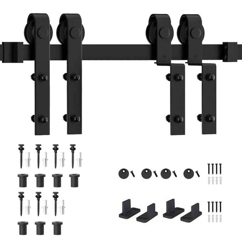 8.2Ft Bypass Sliding Barn Door Hardware Kit For Double Doors With Low Ceiling And Overlapping Tracks In Black Carbon Steel Includes Two Rails Four Rollers Two Door Stops Four Rubber Blocks Four Anti Jump Disks Six Fixed Seats And Installation Manual