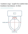 Installation guide for Heavy Duty Slow Close Toilet Seat Cover Top Shelf Crystal Resin U Shape dimensions and hole distances.