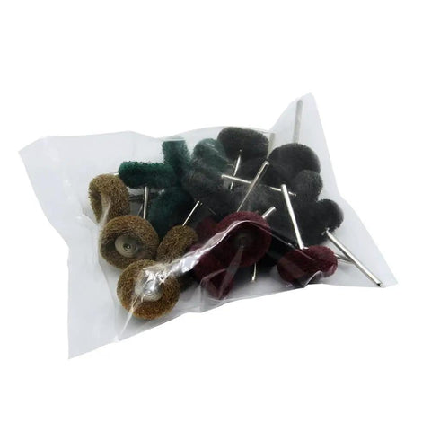 Heavy Duty Mini Drill Nylon Brush Buffing Wheel Set 20 Piece Grit 1200 With Snug 3.2mm Shank in clear bag, featuring various nylon brush heads.