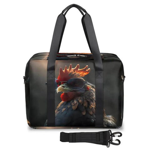 Waterproof Weekender Carry On Duffel For Women Durable Gym Bag And Overnight Travel Tote with black rooster design.
