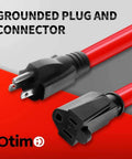 Red 100 Ft Outdoor Extension Cord 12/3 SJTW, 3-Prong Grounded Cables, close-up of plugs, weatherproof, heavy duty, flame retardant