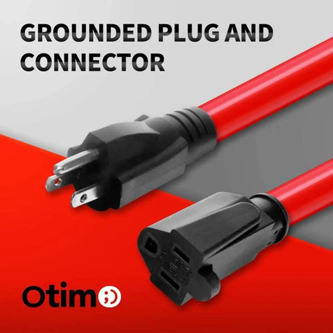 Red 100 Ft Outdoor Extension Cord 12/3 SJTW, 3-Prong Grounded Cables, close-up of plugs, weatherproof, heavy duty, flame retardant
