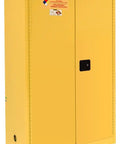 Heavy Duty Flammable Storage Cabinet 45 Gallon Two Door Model With Self Closing Latches FM Approved And OSHA Compliant solid yellow steel construction.