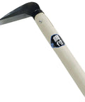 Small Head Steel Grass Cutting Scythe For Soft Grass And Weeding, Handheld Garden Tool With A 3 Inch Blade And 8.3 Inch Handle, Quick Harvest And Thinning In Your Yard No Nonsense, side view showing wooden handle and angled steel blade.