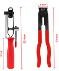 CV Boot Clamp Pliers Kit With Stainless Steel Construction, two red-handled pliers against a white background with measurements.